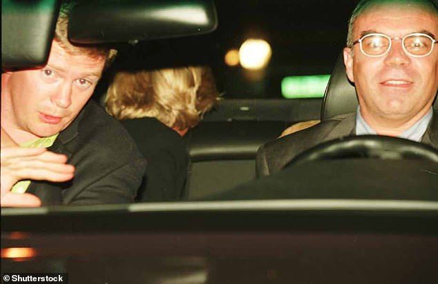Diana's bodyguard, Trevor Rees-Jones and the back of Diana's head and driver Henri Paul