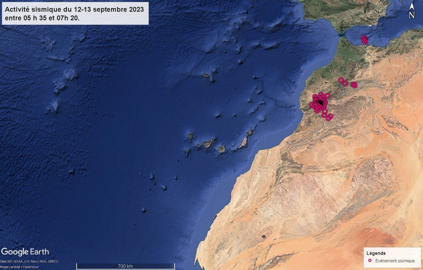خريطة توضح موقع الهزات على شكل اسراب جنوب مدينة مراكش